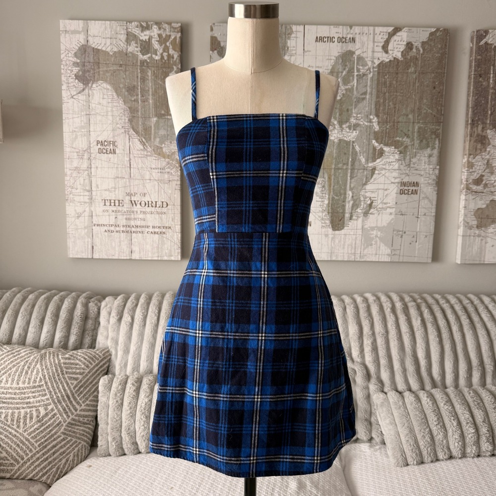 Revolve‎ by the way. Blue Black Plaid Mini Dress Square Neck Spaghetti Strap XS